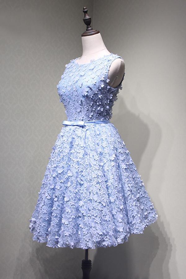 Crew Knee-Length Open Back Appliques Blue Lace Homecoming Dress