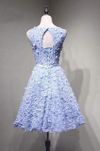 Crew Knee-Length Open Back Appliques Blue Lace Homecoming Dress