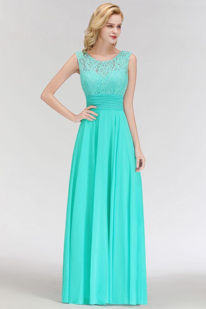Crew Neck Lace Top Sleeveless Chiffon Bridesmaid Dress Aline Formal Dress