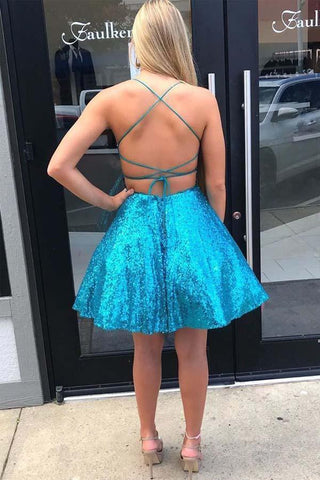 Criss Cross A-Line Short Prom Dress Blue Sequins Homecoming Dress