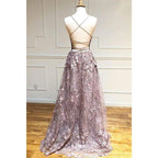 NumberSea - Criss - cross Straps Chic 3d Lace V - neck A - line Long Prom Dress Formal Evening Dress