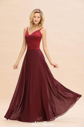 Kreuz rückenfreies bodenlanges Satin Abendkleid Burgund Brautjungfernkleid