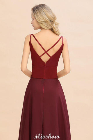 Kreuz rückenfreies bodenlanges Satin Abendkleid Burgund Brautjungfernkleid