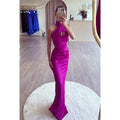 NumberSea - Cross Neck Halter Sleeveless Ruched Satin Sheath Long Prom Evening Dress