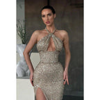 NumberSea - Cross - Neck Sequined Sheath Long Prom Gown With Thigh Slit