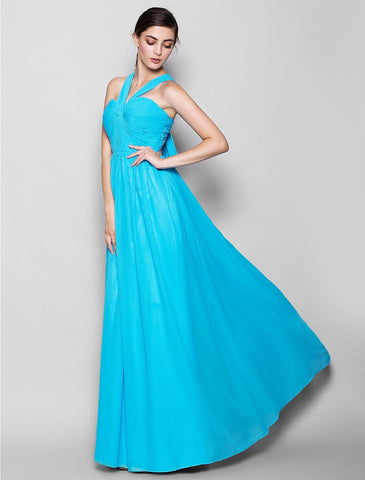 Etui-/Säulenkleid für die Brautjungfer, Neckholder, ärmellos, offener Rücken, bodenlang, Chiffon mit Criss Cross