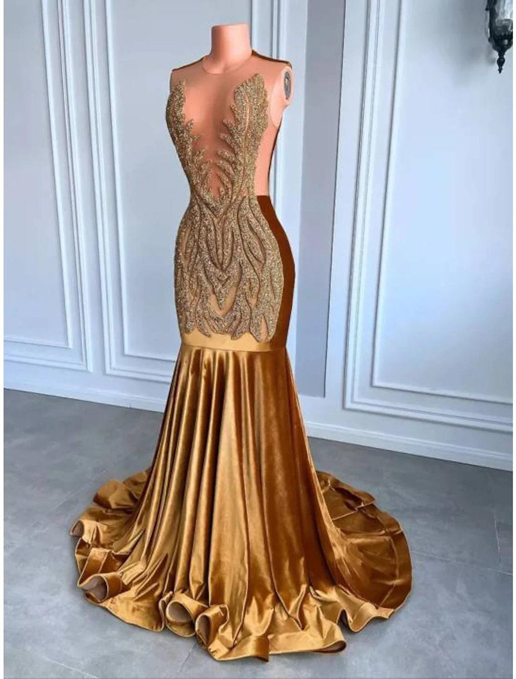 Vestido de noche de sirena/trompeta con brillo y destellos, vestido de carnaval, formal, corte, cola, sin mangas, cuello joya, afroamericano, terciopelo con cuentas