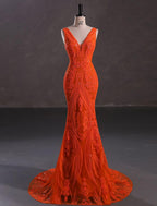 Mermaid / Trumpet Evening Gown Sparkle & Shine Dress Engagement Formal Evening Court Train Sleeveless V Neck Sequined with Sequin