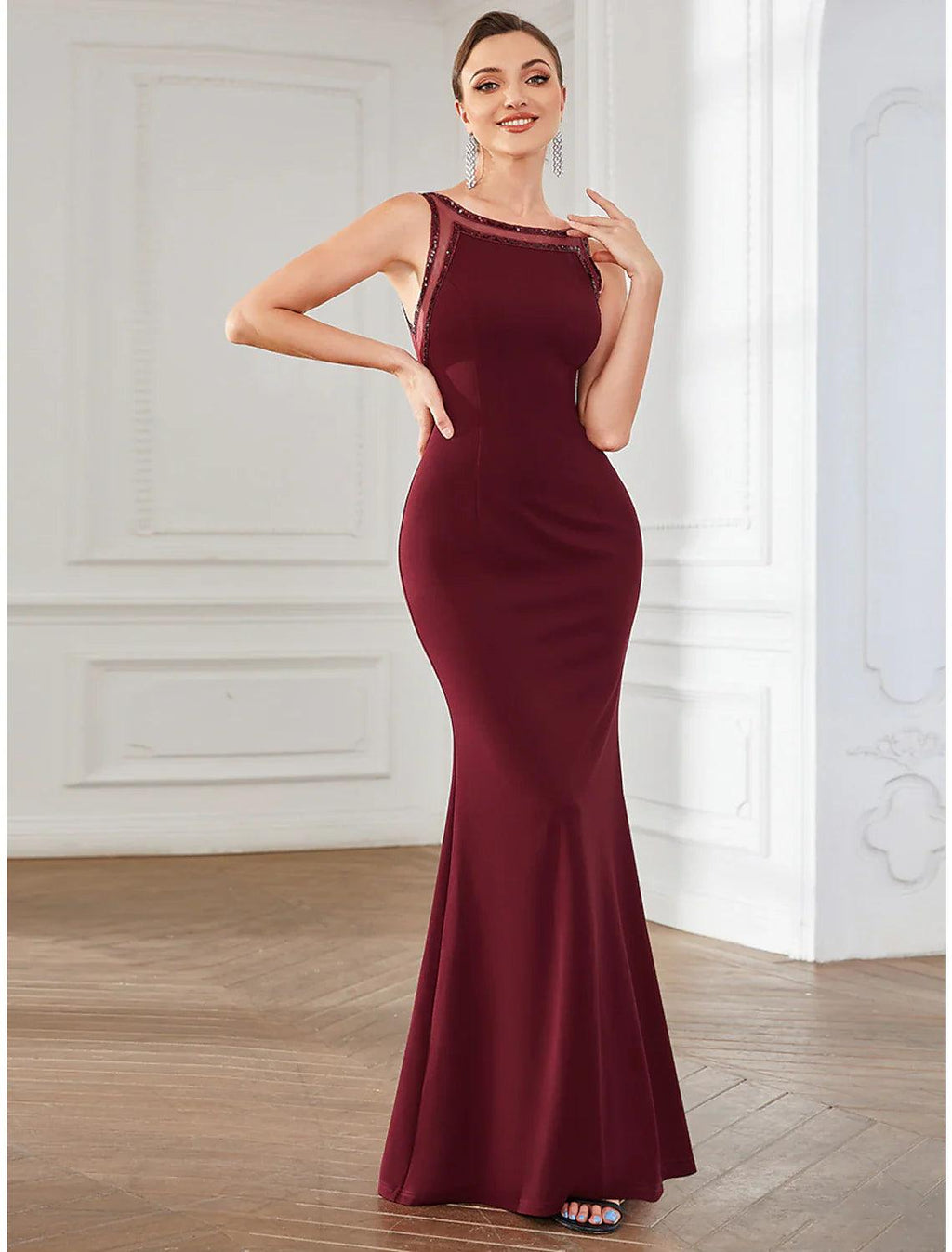 Vestidos de fiesta de sirena/trompeta, espalda abierta, para invitados de boda, largo hasta el suelo, sin mangas, cuello joya, poliéster con cristales