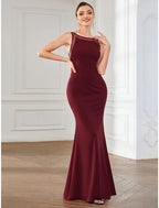 Vestidos de fiesta de sirena/trompeta, espalda abierta, para invitados de boda, largo hasta el suelo, sin mangas, cuello joya, poliéster con cristales