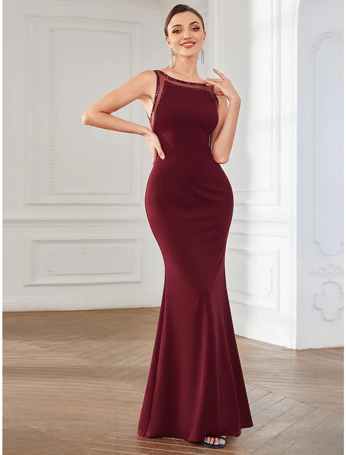 Vestidos de fiesta de sirena/trompeta, espalda abierta, para invitados de boda, largo hasta el suelo, sin mangas, cuello joya, poliéster con cristales