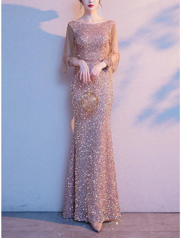 Etui-/Säulenkleid für die Brautmutter, elegant, funkelnd und glänzend, zierlich, Rundhalsausschnitt, bodenlang, mit Pailletten besetzt, 3/4-Ärmel, einfarbig