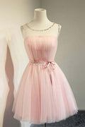 Vestido corto de fiesta de tul rosa con escote redondo y corte en A, PD131