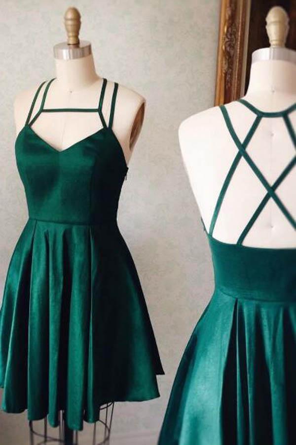 Lindo vestido de fiesta de satén verde corto con corte en A para regreso a casa