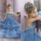 Cute Dusty Blue Long Strapless Princess Tulle Flower Girl Dresses