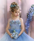 Cute Dusty Blue Long Strapless Princess Tulle Flower Girl Dresses