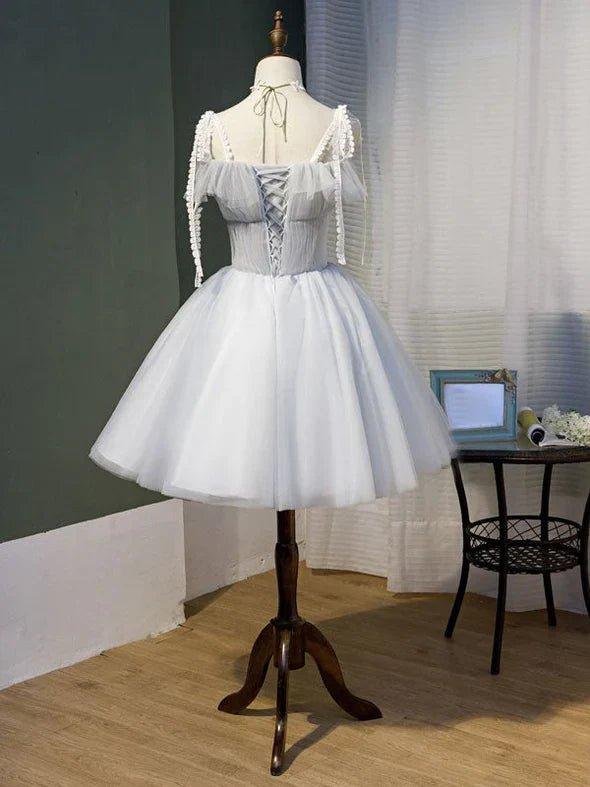 NumberSea - Cute Grey Tulle Straps Short Homecoming Dress Grey Party Dress, Tulle Bridesmaid Dresses