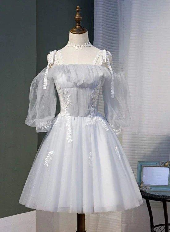 NumberSea - Cute Grey Tulle Straps Short Homecoming Dress Grey Party Dress, Tulle Bridesmaid Dresses
