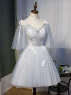 NumberSea - Cute Grey Tulle Straps Short Homecoming Dress Grey Party Dress, Tulle Bridesmaid Dresses