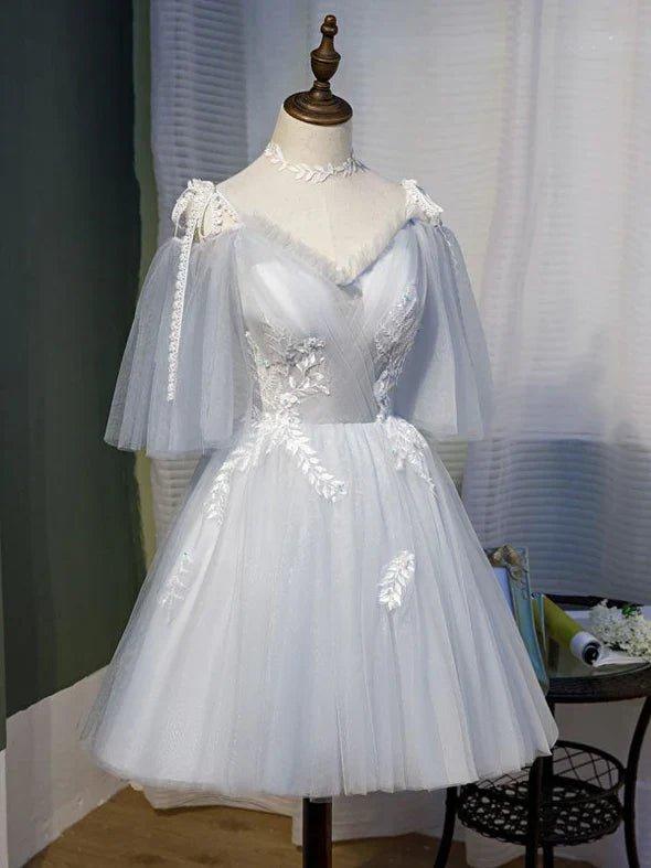 NumberSea - Cute Grey Tulle Straps Short Homecoming Dress Grey Party Dress, Tulle Bridesmaid Dresses
