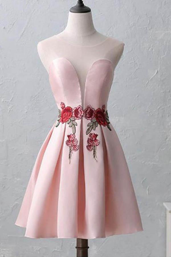 Lindos vestidos de fiesta cortos rosas con escote redondo e ilusión