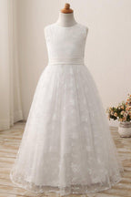 NumberSea - Cute Long A - line Jewel Lace Sleeveless Flower Girl Dresses