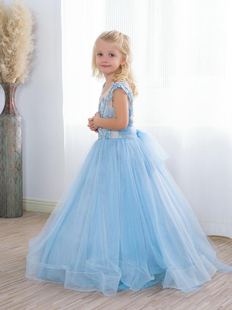 Süßes langes A-Linien-Tüll-Boho-Blau-Blumenmädchenkleid mit Schleife