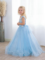 Süßes langes A-Linien-Tüll-Boho-Blau-Blumenmädchenkleid mit Schleife
