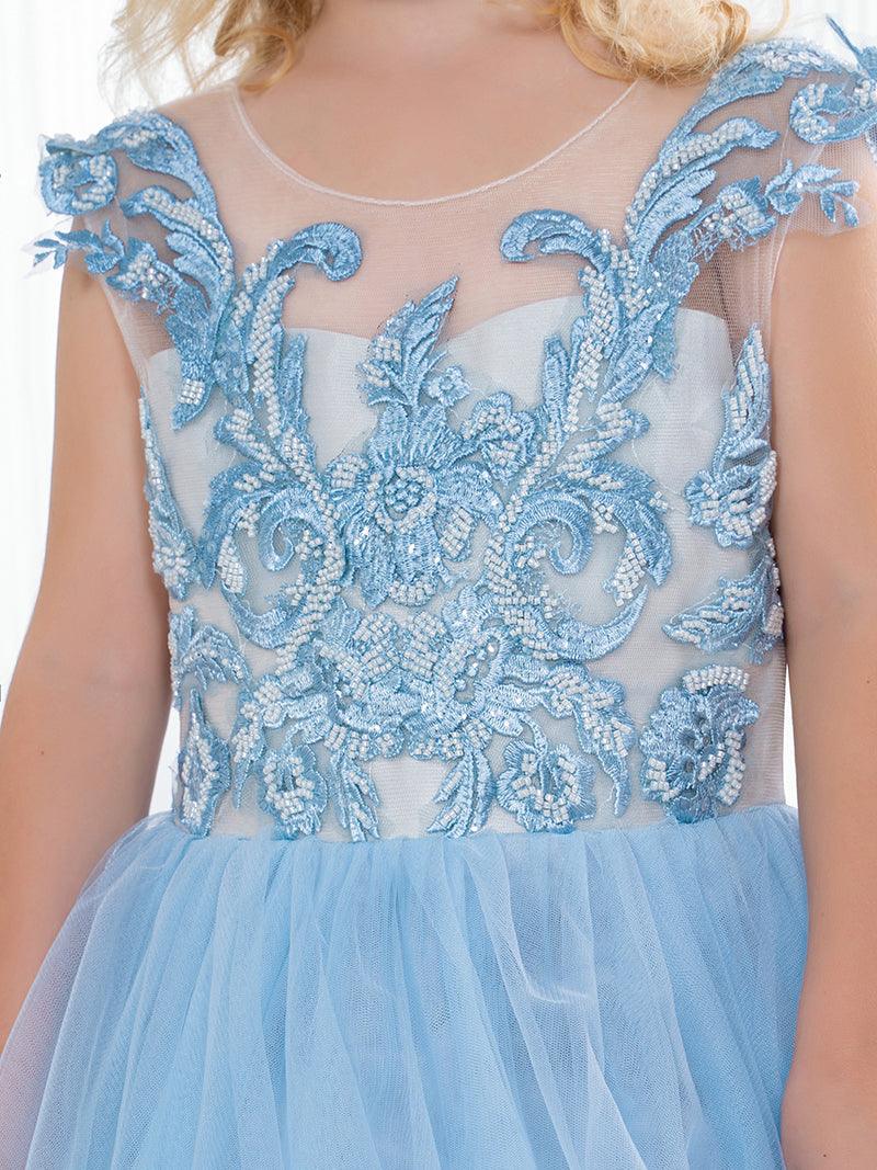 Süßes langes A-Linien-Tüll-Boho-Blau-Blumenmädchenkleid mit Schleife