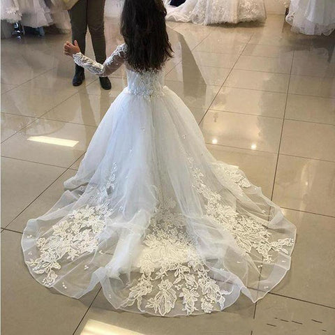 Lindos vestidos de niña de flores de encaje de tul con línea A larga y mangas