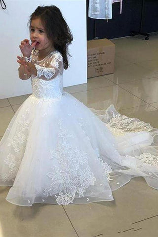 Lindos vestidos de niña de flores de encaje de tul con línea A larga y mangas