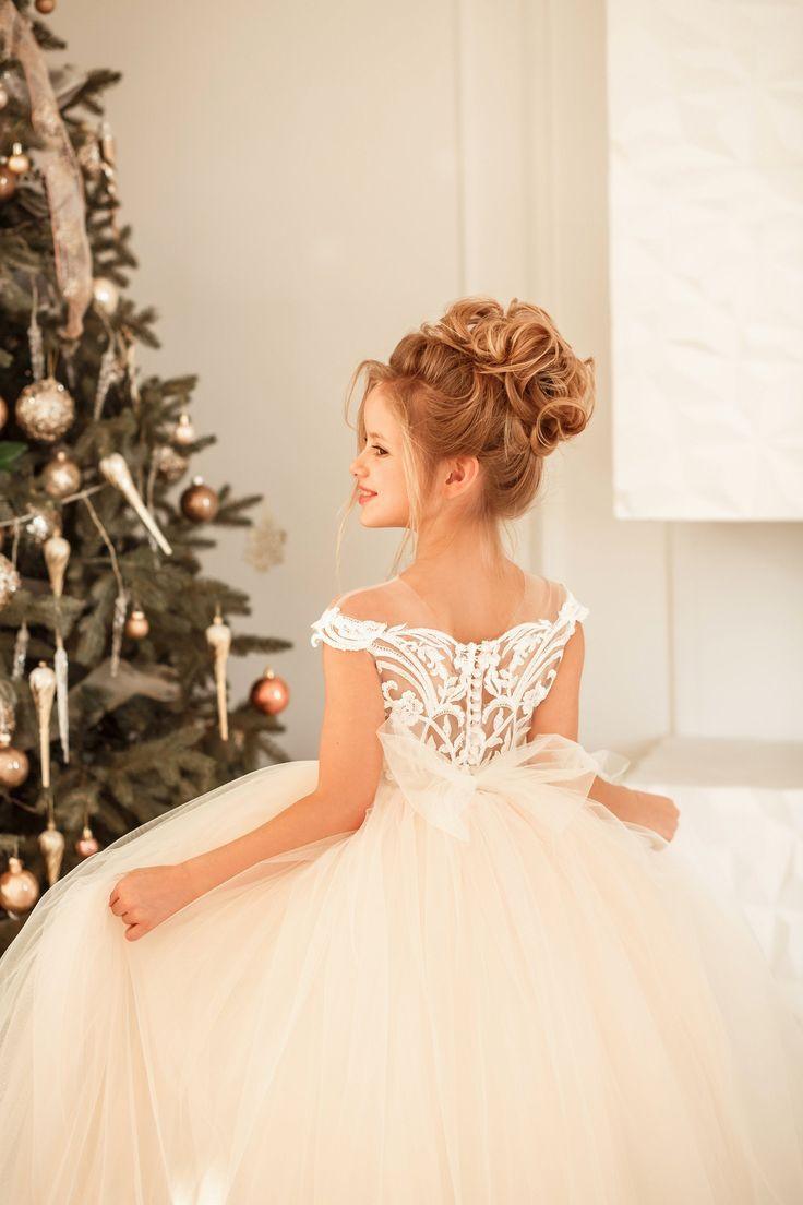 Lindo vestido largo de princesa con encaje de tul para niña de las flores