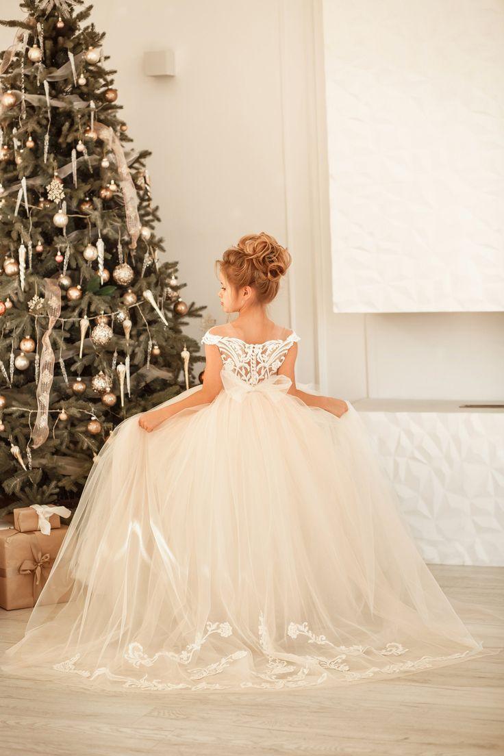 Lindo vestido largo de princesa con encaje de tul para niña de las flores