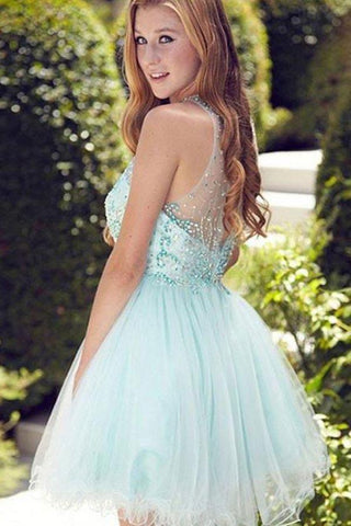 Cute Round neck Tulle Beads Sequin Short Prom Dress Homecoming Dress