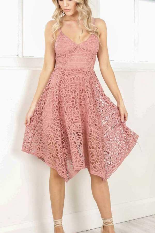 Vestido de fiesta corto con tirantes finos y encaje rosa PD205