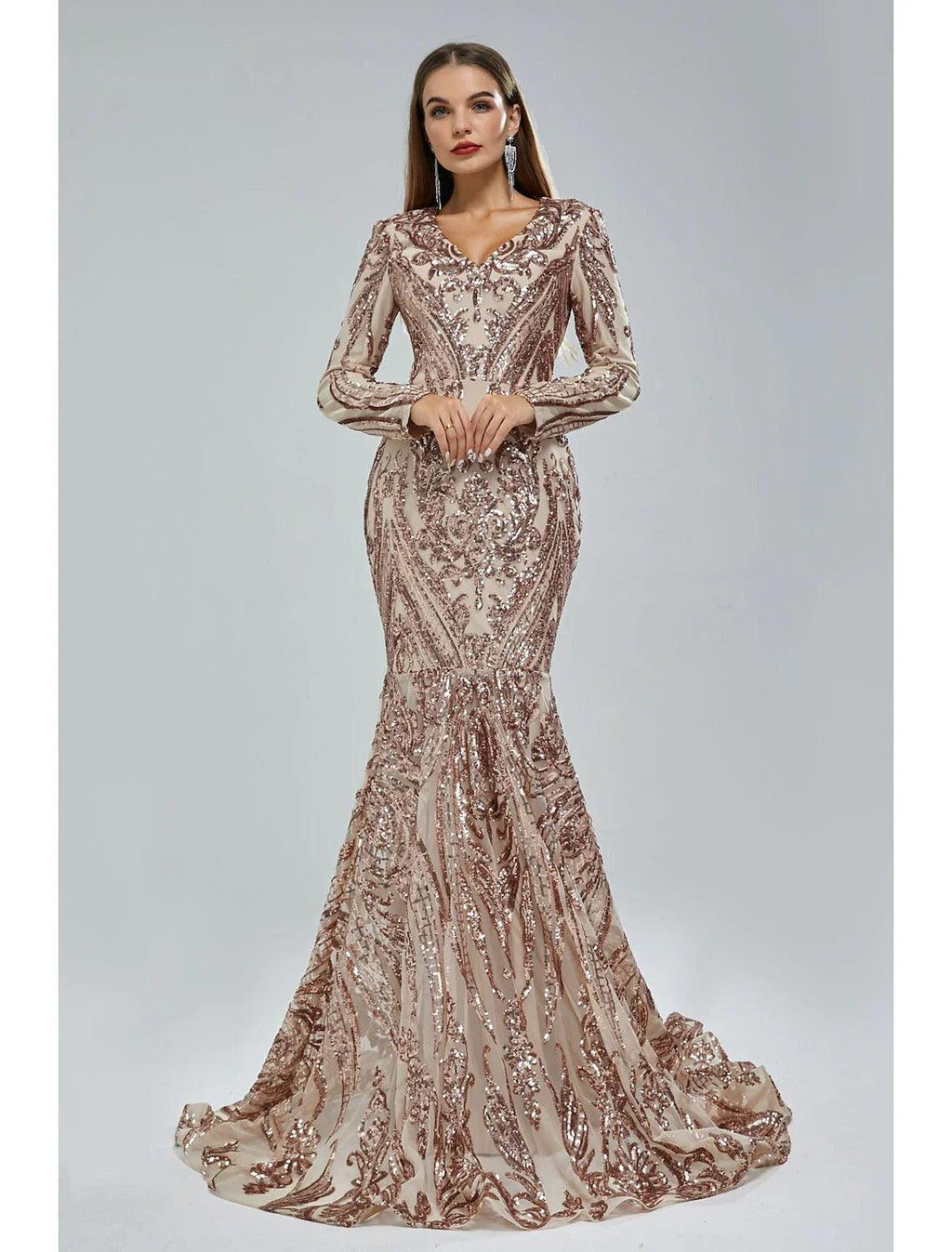 Meerjungfrau/Trompete Abendkleid Sparkle &amp; Shine Kleid Karneval Formell Hofschleppe Langarm V-Ausschnitt Afroamerikaner Spitze mit Pailletten