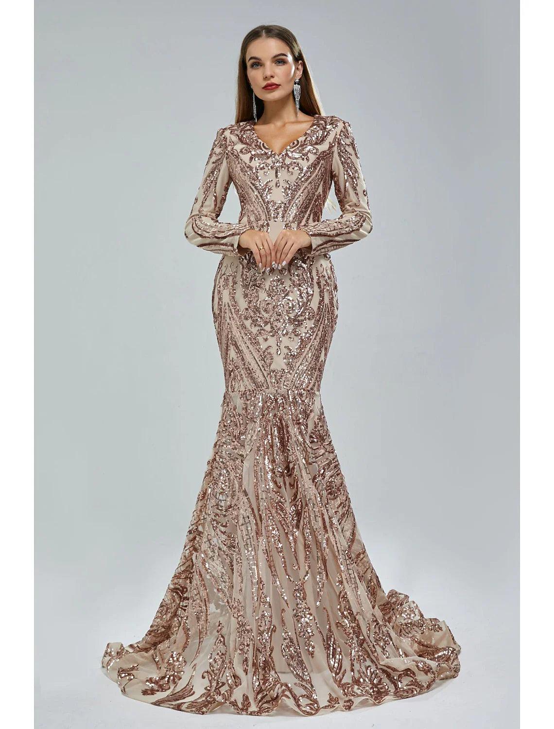 Meerjungfrau/Trompete Abendkleid Sparkle &amp; Shine Kleid Karneval Formell Hofschleppe Langarm V-Ausschnitt Afroamerikaner Spitze mit Pailletten