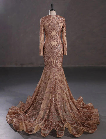 Meerjungfrau/Trompete Abendkleid Sparkle &amp; Shine Kleid Formeller Abend Hochzeitsfeier Kapelle Schleppe Langarm Juwel Hals Afroamerikaner Pailletten mit Pailletten