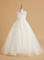 Vestido de princesa rosa para niña con apliques de encaje 