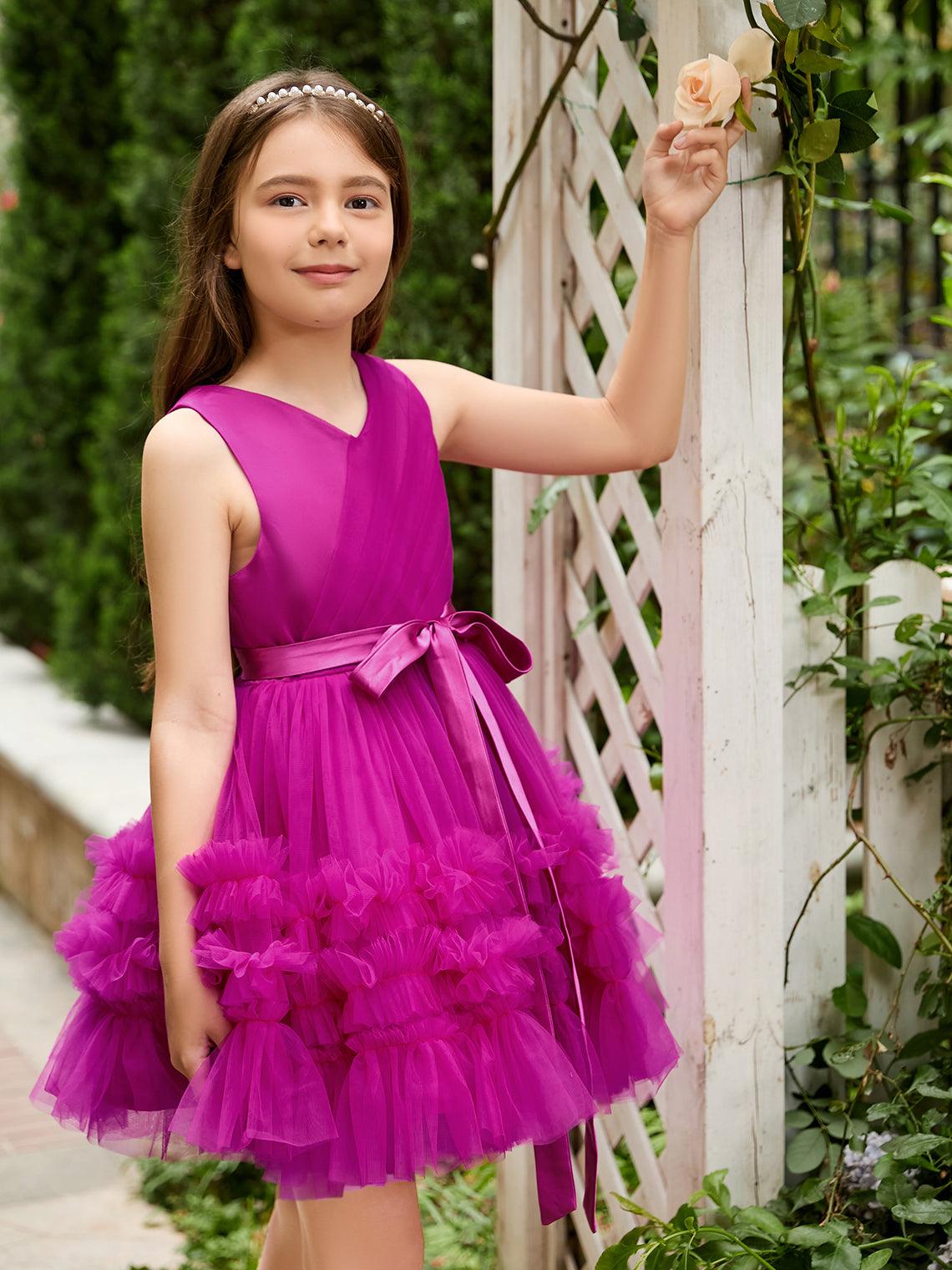 Vestido de niña de flores de tul fucsia sin mangas con volantes (010225236) 