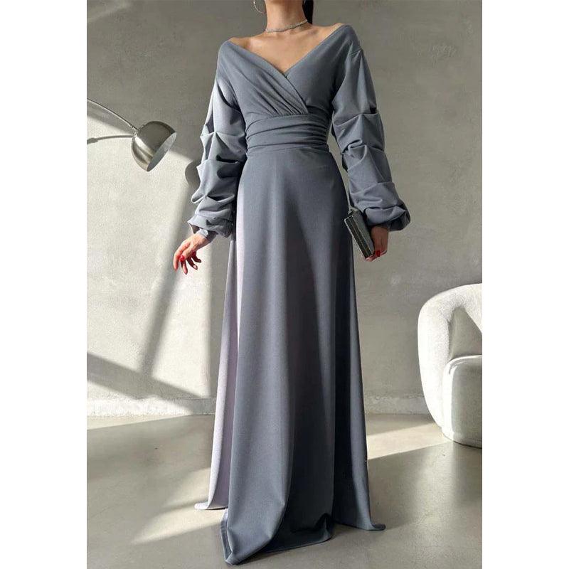 Vestido de fiesta largo sencillo con escote en V, hombros descubiertos y mangas abullonadas 