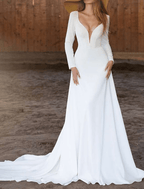 Vestidos de novia casuales de salón, cola capilla, corte A, manga larga, cuello en V, mezcla de algodón con pliegues, color liso