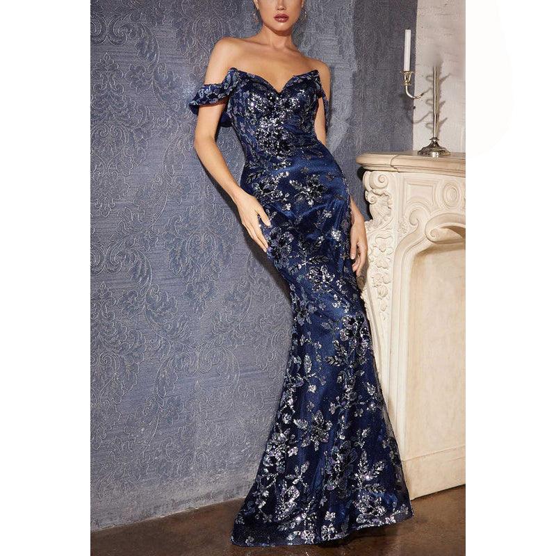 Schulterfreies, trägerloses, appliziertes Tüll-Meerjungfrauen-Abendkleid mit Blumenmuster, langem Abschlussballkleid