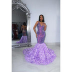 Vestido de fiesta largo estilo sirena con escote en V, tirantes finos y apliques de lentejuelas