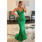 Vestido de fiesta largo con escote en V pronunciado y lentejuelas verdes con purpurina 