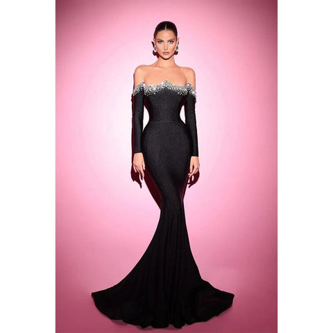 Sheath Mermaid Off-the-shoulder Beaded Black Prom Dress Evening Gowns