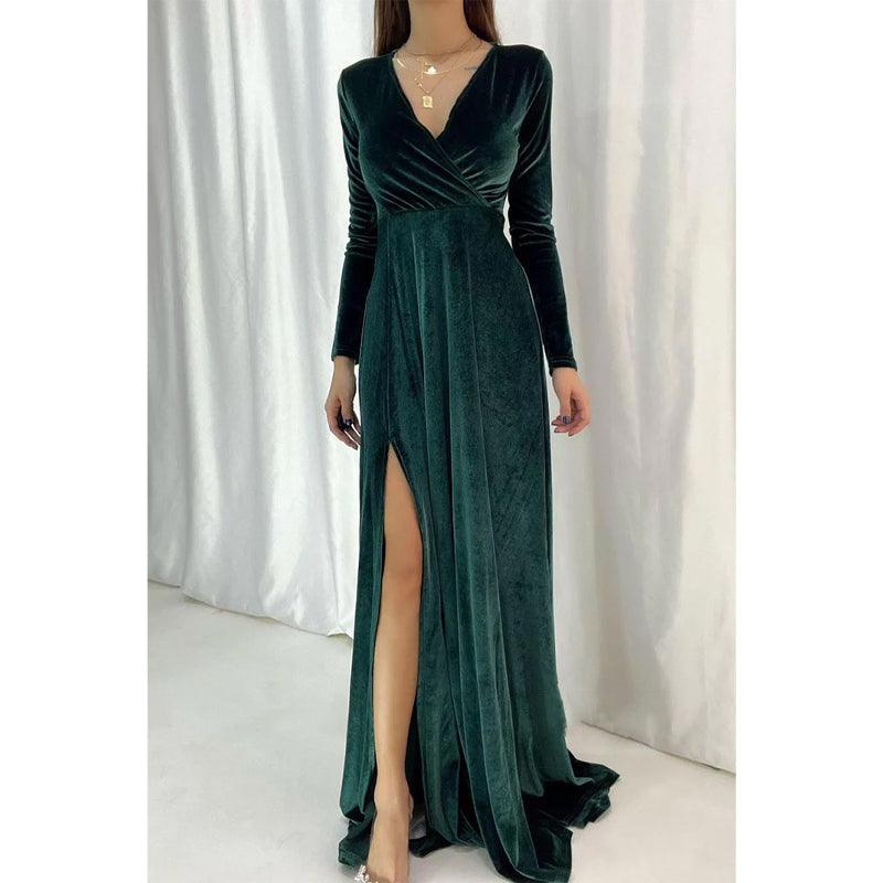 Vestido de noche largo y sencillo de terciopelo con escote en V y mangas largas, sexy y atractivo. 