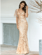 Mermaid / Trumpet Evening Gown Sparkle Dress Wedding Guest Floor Length Short Sleeve V Neck Tulle with Sequin