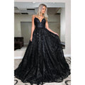Vestido de fiesta de corte A con escote en V pronunciado y encaje negro con purpurina 