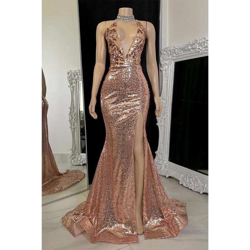 Vestido de fiesta de sirena con escote en V pronunciado, apliques y abertura lateral 